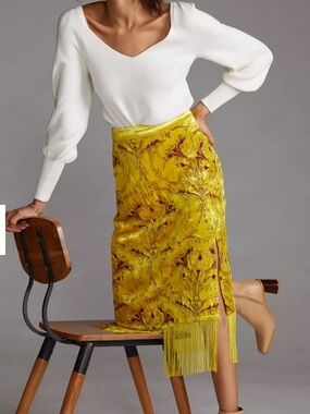 Anthropologie Slim Fringed Velvet Midi Skirt